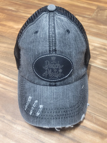 Beach Please- Black Leather Patch Hat