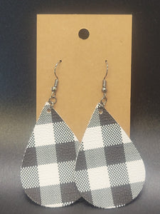 Large Teardrop Earrings - White & Black Buffalo Plaid